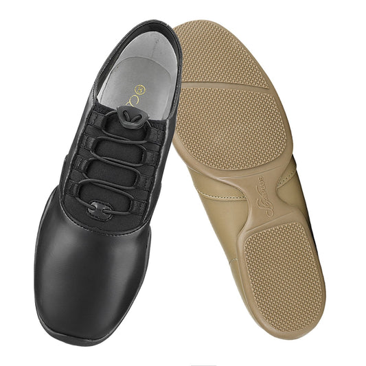 Balancé split-sole guard shoe in black or nude leather upper with elastic gore panels, toggle-tightened dance laces, padded insole, and split rubber sole with textured heel and forefoot for arch protection and smooth turns indoors or outdoors.