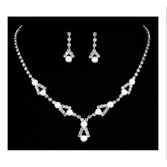 Rhinestone & Pearl Necklace with Matching Drop Earrings Set