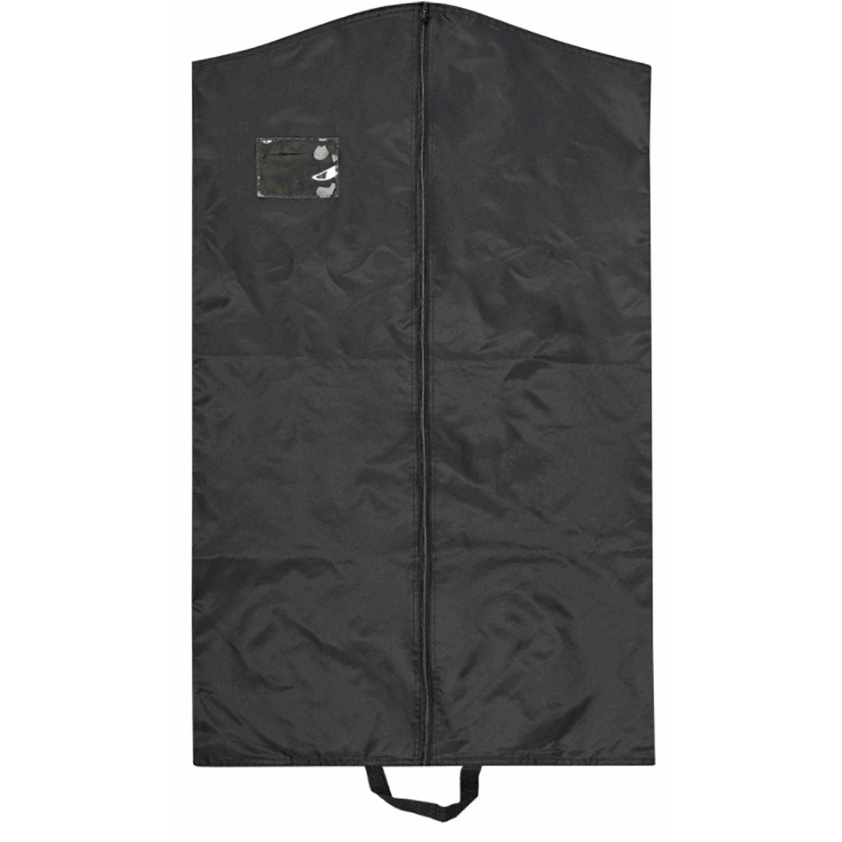 Black 400‑denier nylon garment bag with full-length center zipper, reinforced arched hanger slot, bottom carry handle, and clear ID window near top—heavy-duty protection for uniforms.