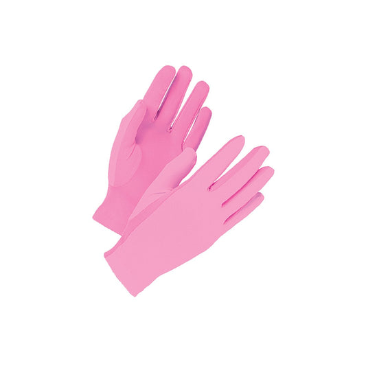 Pair of pink cotton gloves with full-finger coverage and elastic wrist cuffs, made from soft knit fabric—ideal for uniform and ceremonial use with feminine styling