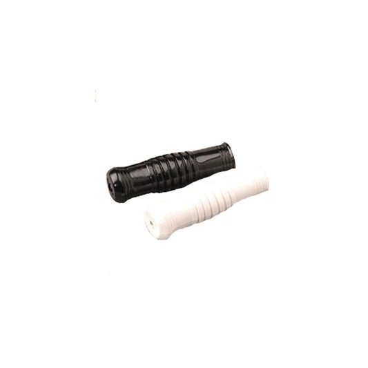 Two cylindrical StylePlus handle grips, one black and one white, with textured ribbed surface and tapered ends—designed to slide over 1″ poles or baton handles for improved comfort and grip.