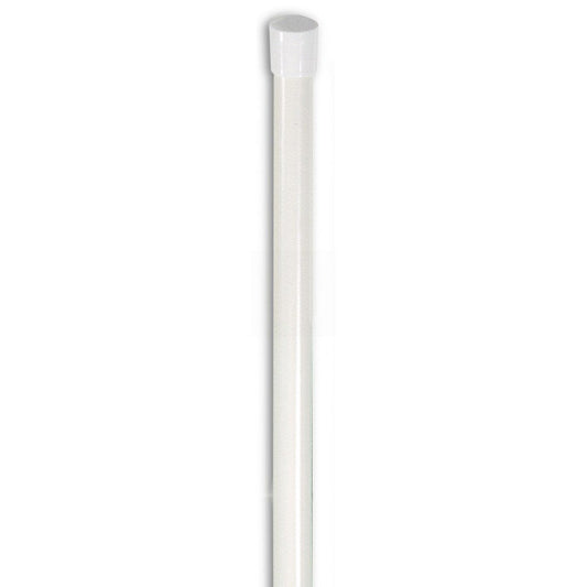 Close-up of a single white fiberglass pole with a smooth black rubber end cap—showing capped ends that protect fabric and secure fit for flag mounting