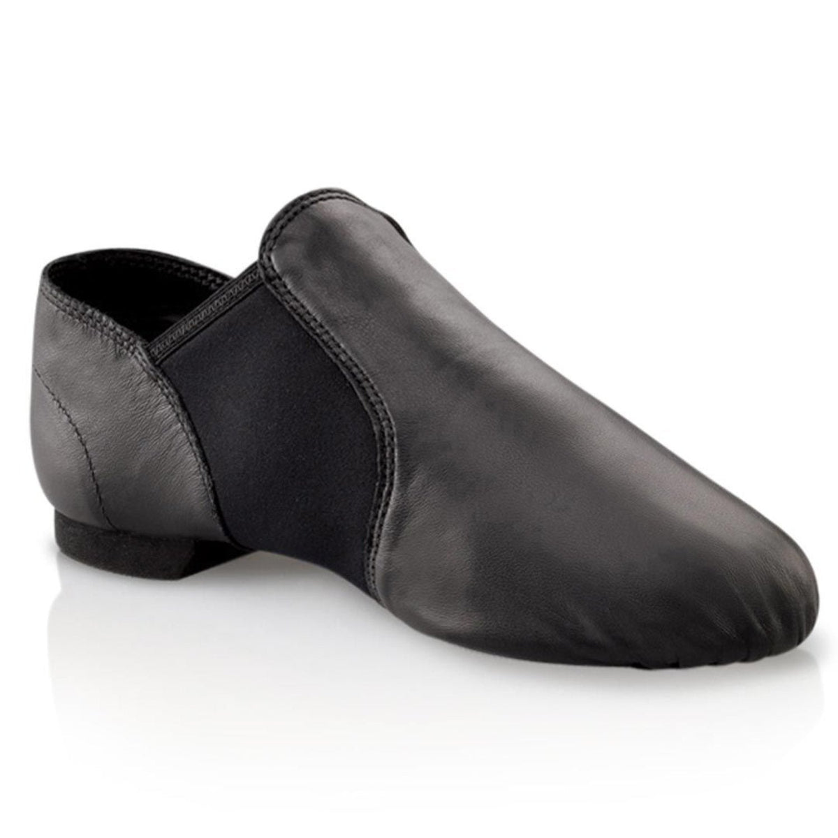 Capezio E‑Series Jazz slip‑on in black leather with elastic side panels, split‑sole design, padded collar and heel counter, perfect for dance and practice.