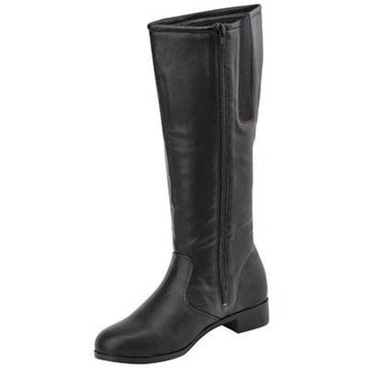 Side view of black Gotham Dallas Team Boot showing inside zipper, elastic stretch panel, and neat stitching along calf-high shaft.