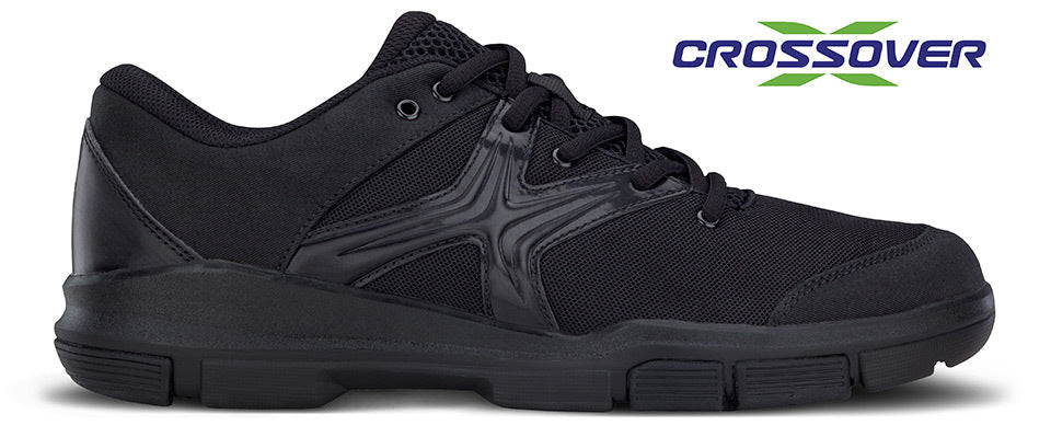 Crossover performance marching shoe in black leather with low-profile oxford styling, padded collar, and cushioned midsole for comfort during extended performances