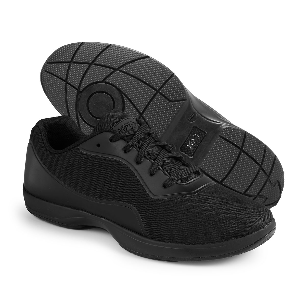DrillMax black marching band shoe with EVO-MOTION rolled‑heel, XM1 carbon fiber arch plate, moisture‑resistant textile upper, and non‑marking rubber outsole.