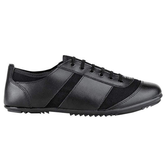 Prowler marching shoe in black/nude leather-like upper with athletic lace-up styling, padded collar, and textured rubber outsole featuring pivot point for precision drill movements.