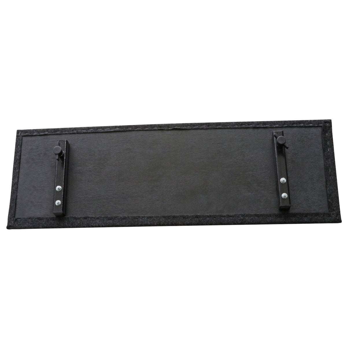 Flat-lay of two carpeted multimedia shelves—one 24″×31″ base shelf and a 10″×31″ upper shelf—with steel support tubes underneath, ready to be attached to a cart frame.