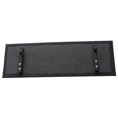 Flat-lay of two carpeted multimedia shelves—one 24″×31″ base shelf and a 10″×31″ upper shelf—with steel support tubes underneath, ready to be attached to a cart frame.