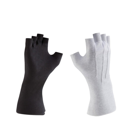 Pair of StylePlus fingerless long-wrist cotton gloves in black and white, extending past the wrist with hemmed finger openings and smooth knit fabric