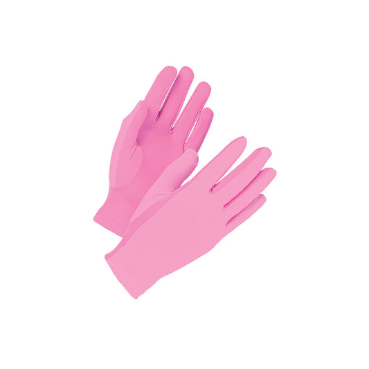 Pair of pink cotton gloves with full-finger coverage and elastic wrist cuffs, made from soft knit fabric—ideal for uniform and ceremonial use with feminine styling