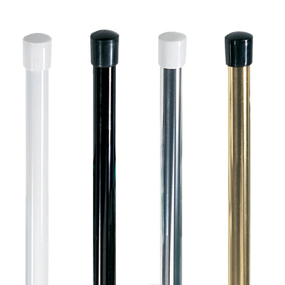 A set of four 1″‑diameter 2‑piece economy aluminum poles in white, black, silver, and gold anodized finishes, each with matching end caps—designed for cost-effective color guard flag use