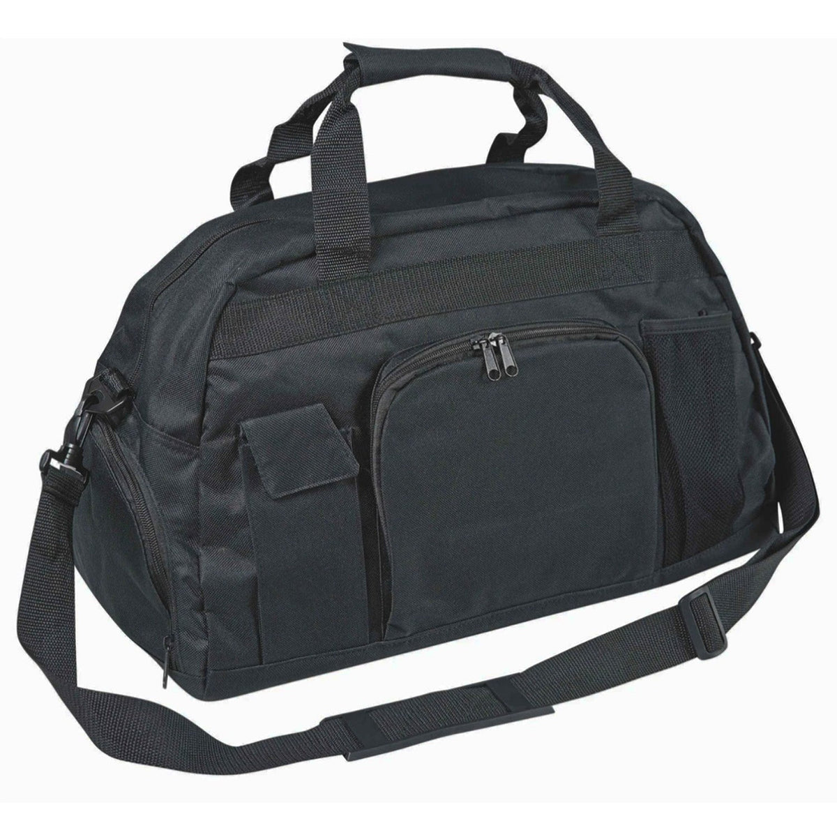 Black Super Day Pack made from 600‑denier nylon with PVC backing, featuring dual carry handles, adjustable shoulder strap, front mesh zip pocket, side pouches, and reinforced plastic bottom—ideal for storing shoes, outfit, makeup, and water bottle with compact 19″ × 11″ × 10.5″ size