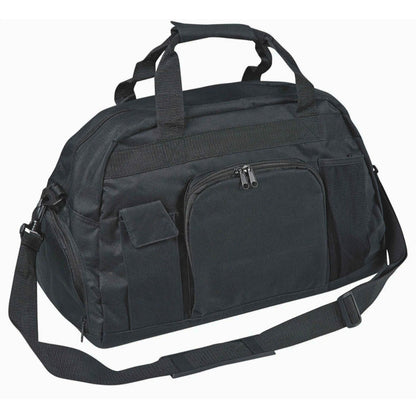 Black Super Day Pack made from 600‑denier nylon with PVC backing, featuring dual carry handles, adjustable shoulder strap, front mesh zip pocket, side pouches, and reinforced plastic bottom—ideal for storing shoes, outfit, makeup, and water bottle with compact 19″ × 11″ × 10.5″ size