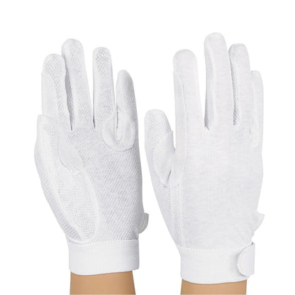 Pair of StylePlus Deluxe Sure‑Grip gloves in white stretch polyester, featuring full‑finger coverage, elastic wrist cuff, and textured palm grip dots for extra handling control