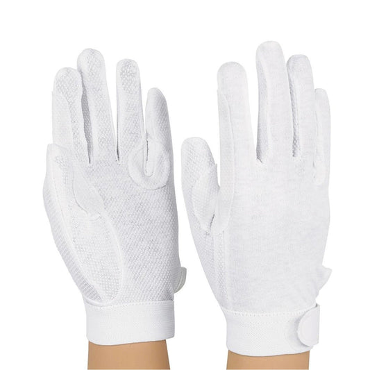 Pair of StylePlus Deluxe Sure‑Grip gloves in white stretch polyester, featuring full‑finger coverage, elastic wrist cuff, and textured palm grip dots for extra handling control