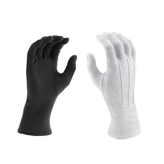 Model wearing StylePlus Long‑Wrist Sure‑Grip gloves, showing snug fit over fingers and extended wrist, enhanced palm grip, and elastic stretch Back of hand in StylePlus Long‑Wrist glove, highlighting smooth nylon knit across knuckles and long‑wrist cuff for conductor or equipment use.