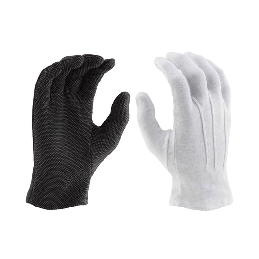 Back-of-hand view of StylePlus Sure-Grip glove highlighting smooth polyester knit across knuckles, full-finger coverage, and comfortable stretch fitClose-up of StylePlus Sure-Grip glove palm showing silicone grip dots covering fingers and palm with elastic-bound wrist cuff