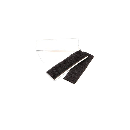 two black and white adhesive-backed Velcro hook strips, approximately 6″ long, showing tiny stiff hooks on one side and smooth backing—used to secure fabric, equipment, or banners on matching loop surfaces.