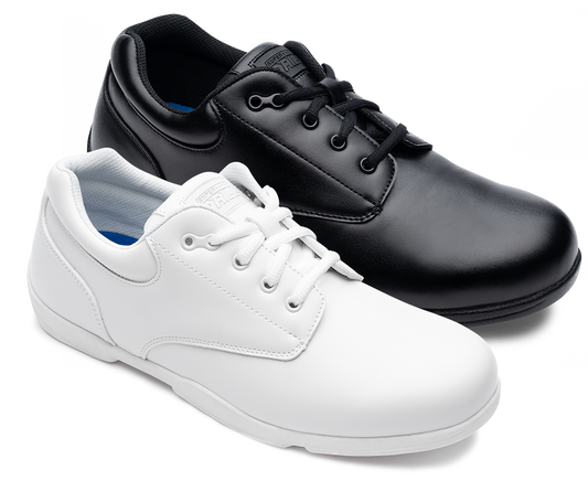 Same silhouette —
everything else, just hits different.
Our flagship Super Drillmasters marching band shoe, remolded and upgraded with all-new components from top to bottom for improved fit, feel, and function.

The essentials stayed: rolled heel, flex channel, split sole, Achilles notch. Wearability and durability are a whole new game.

We slashed the weight while boosting flex and grip with a new low-profile thermal rubber outsole. Then we amped the shock absorption and rebound with high-density memory fo