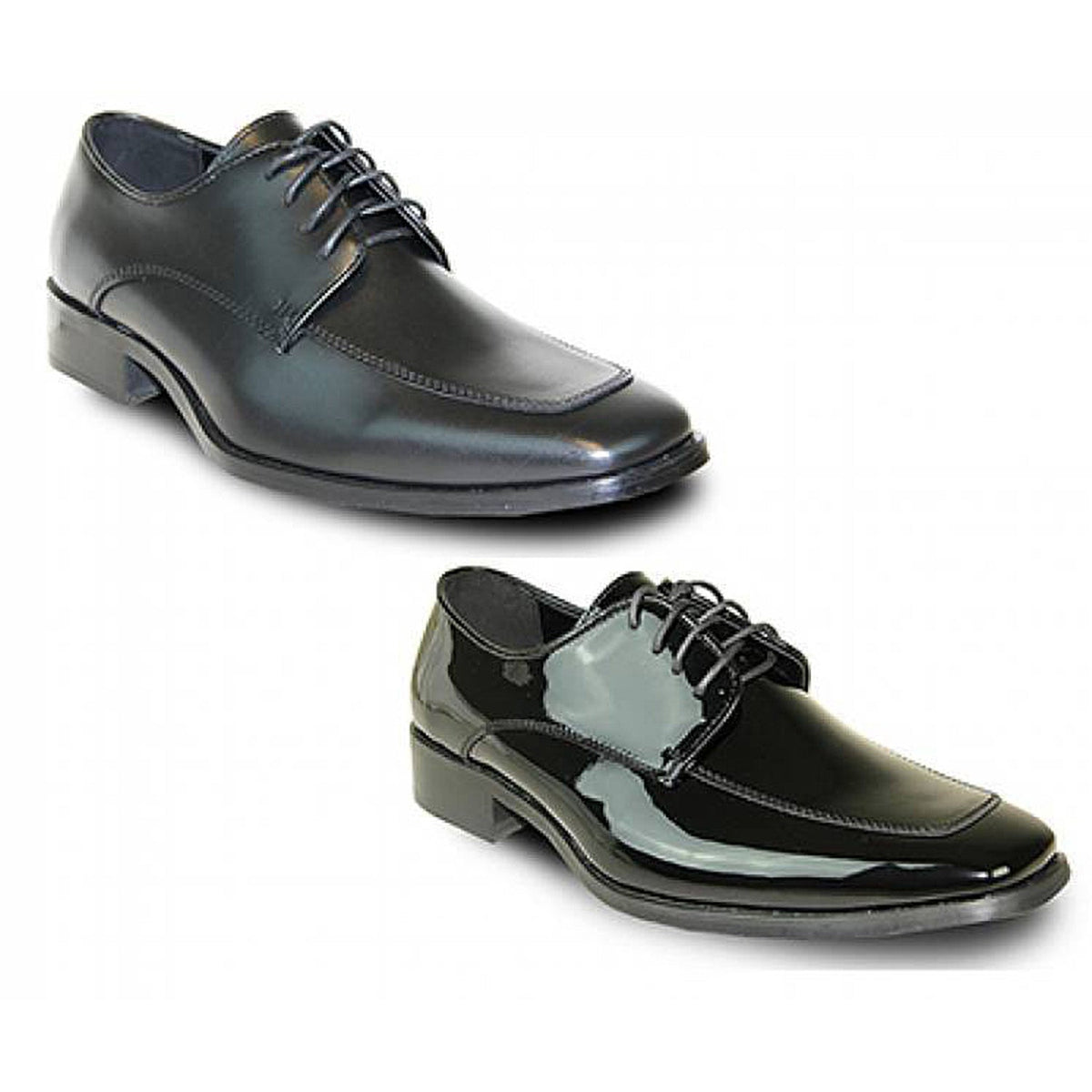 Men’s Tux 3 oxford-style tuxedo shoe in black patent (or matte) finish, featuring fashion moc-toe styling, lace-up closure, and premium cushion insole for comfort.
