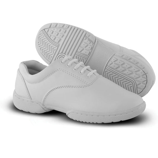 Sole‑up view of white Viper shoe displaying non‑marking rubber twin‑sole with segmented traction zones and anti‑scuff protection for indoor/outdoor use