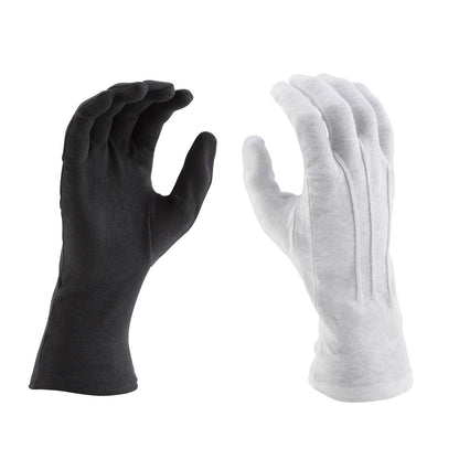 Pair of StylePlus long-wrist cotton gloves in white and black, featuring full-finger coverage, extended wrist length, and tightly knit cotton fabric for uniform use