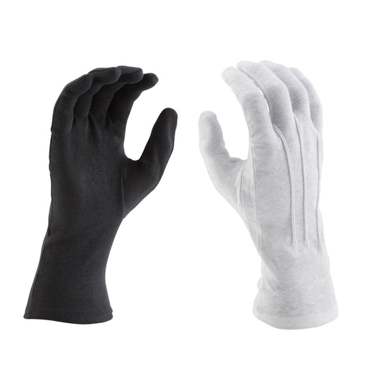 Pair of StylePlus long-wrist cotton gloves in white and black, featuring full-finger coverage, extended wrist length, and tightly knit cotton fabric for uniform use
