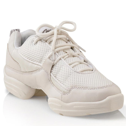 Capezio Fierce™ Dansneaker in white featuring tech‑mesh and PU leather upper, sporty lacing, padded collar, and split‑sole flexible outsole with pivot point for dance turns.