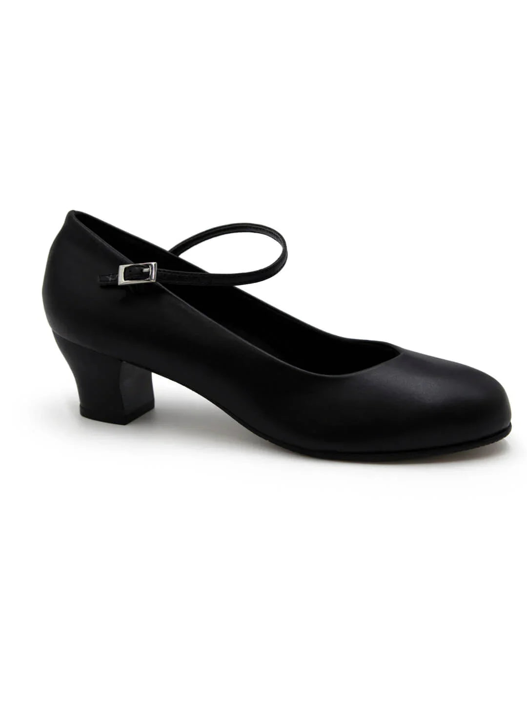 A Black Capezio Character shoe. Black Mia Jr 1.5″ character shoe with PU microfiber upper, leather sole, moderate 1.5″ heel, and V‑vamp buckle strap in studio shot