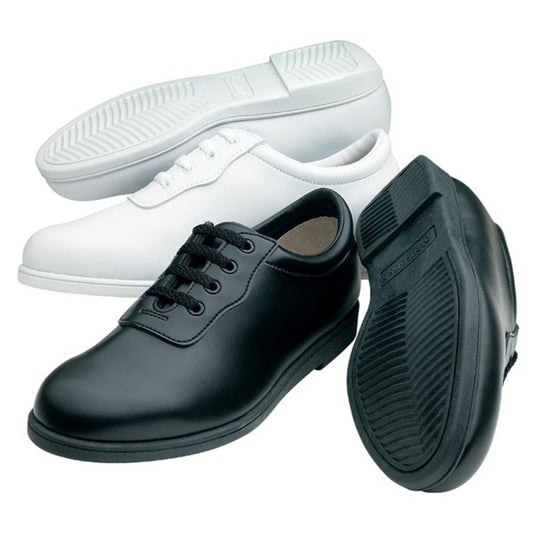 Pair of Dinkles Glide shoes in black and white synthetic uppers with lace-up closure, padded collar, and full-coverage rubber outsole designed for quick uniform changes. Dinkles Glide marching band shoe in black or white synthetic leather, lace-up oxford styling, cushioned collar, and durable ripple-traction outsole with pivot disc for stability during drill