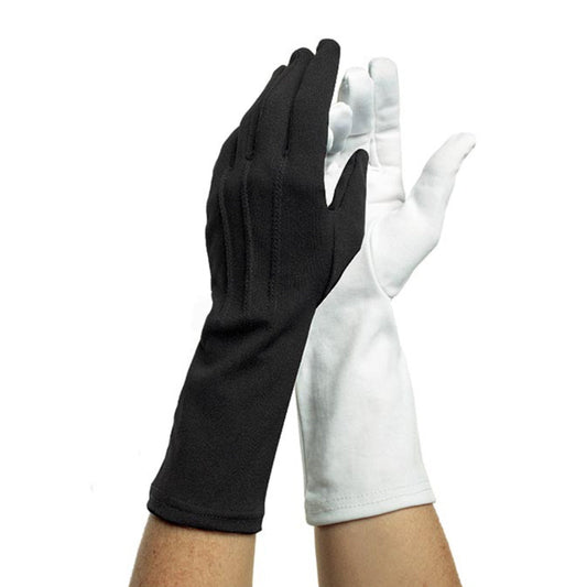 Pair of Dinkles long-wrist nylon stretch gloves in black and white, worn flat over hands showing full-finger coverage, smooth palms, and ribbed back seams—designed for a sleek, uniform appearance and comfortable fit