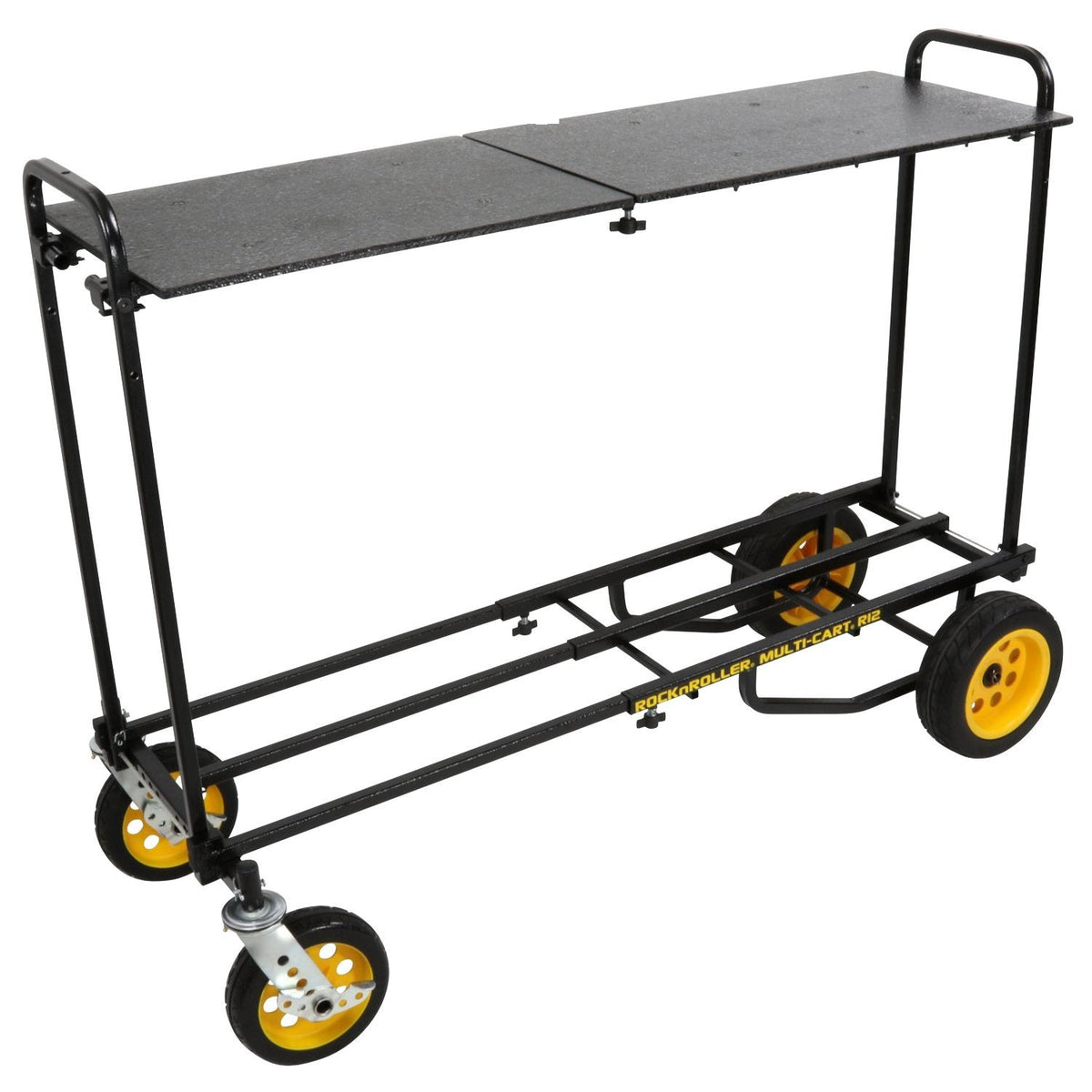 Black carpeted shelf panel measuring approximately 16″ deep and clutchable to form 32″ or 50″ length when expanded—designed to clip onto cart uprights for quick workstation setup