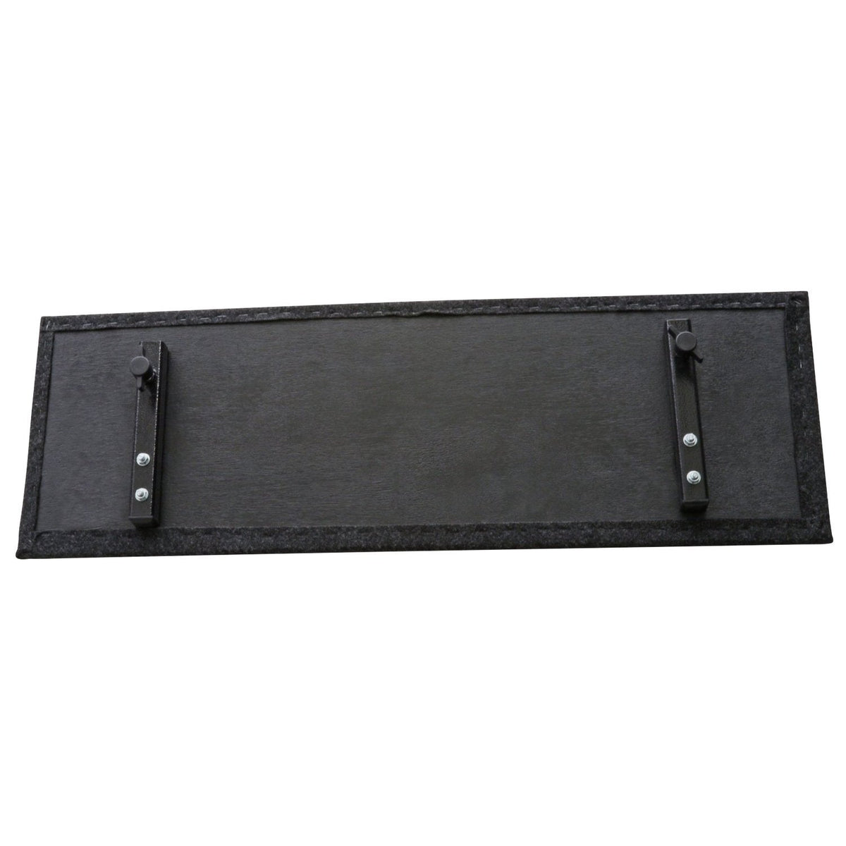 Flat-lay of two carpeted multimedia shelves—one 24″×31″ base shelf and a 10″×31″ upper shelf—with steel support tubes underneath, ready to be attached to a cart frame.