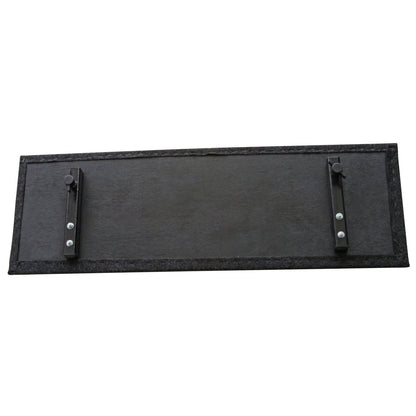 Flat-lay of two carpeted multimedia shelves—one 24″×31″ base shelf and a 10″×31″ upper shelf—with steel support tubes underneath, ready to be attached to a cart frame.
