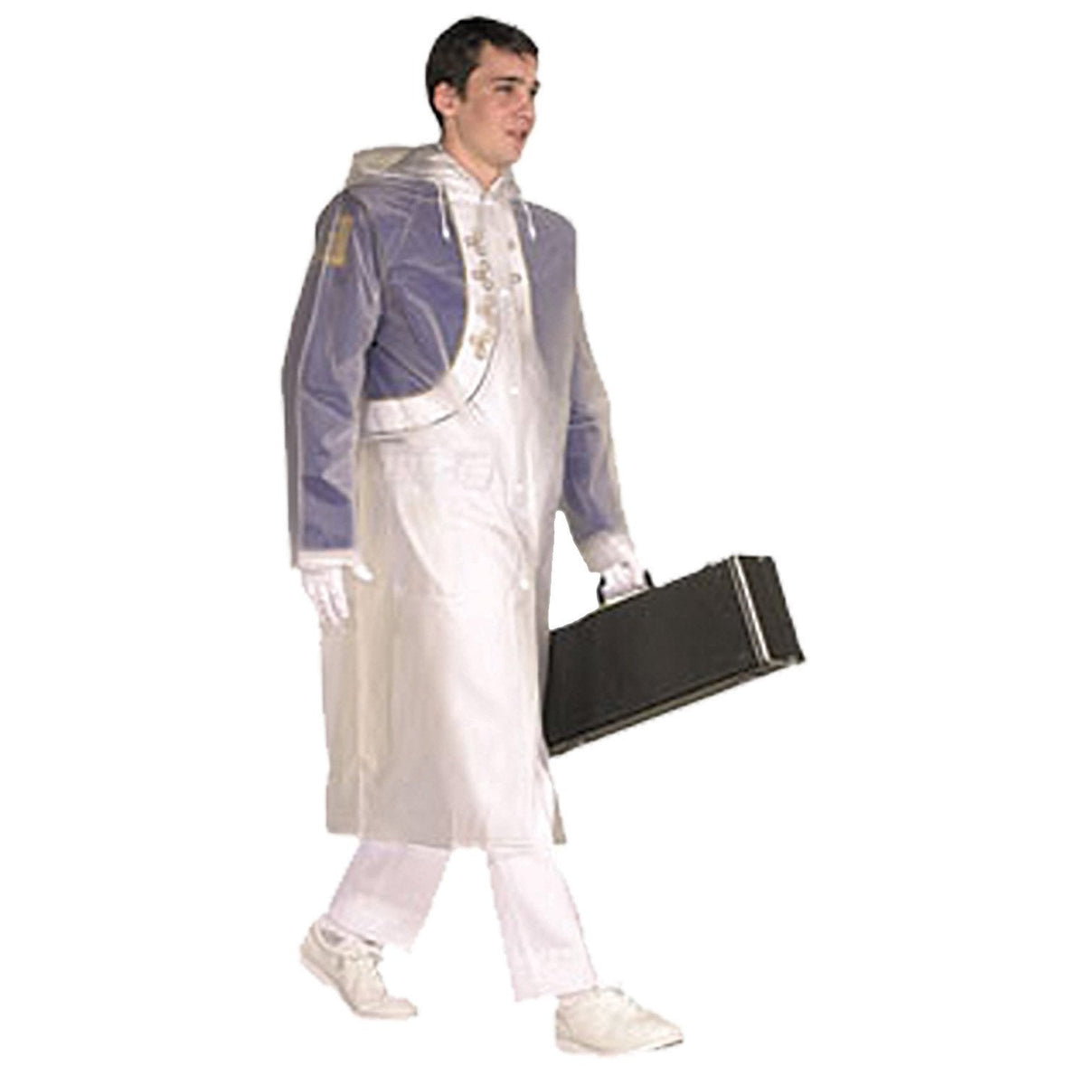 Model wearing clear StylePlus Economy vinyl raincoat over uniform, featuring centre-front snap closure, attached hood, two front flap pockets, and mid-calf length—designed for easy layering and full-weather protection