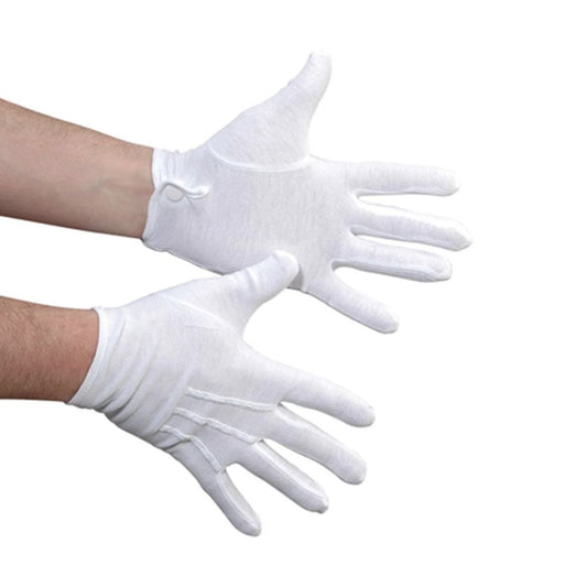 Pair of StylePlus cotton military gloves in white, full-finger cotton knit with extended wrist and single snap closure at cuff for secure fit.