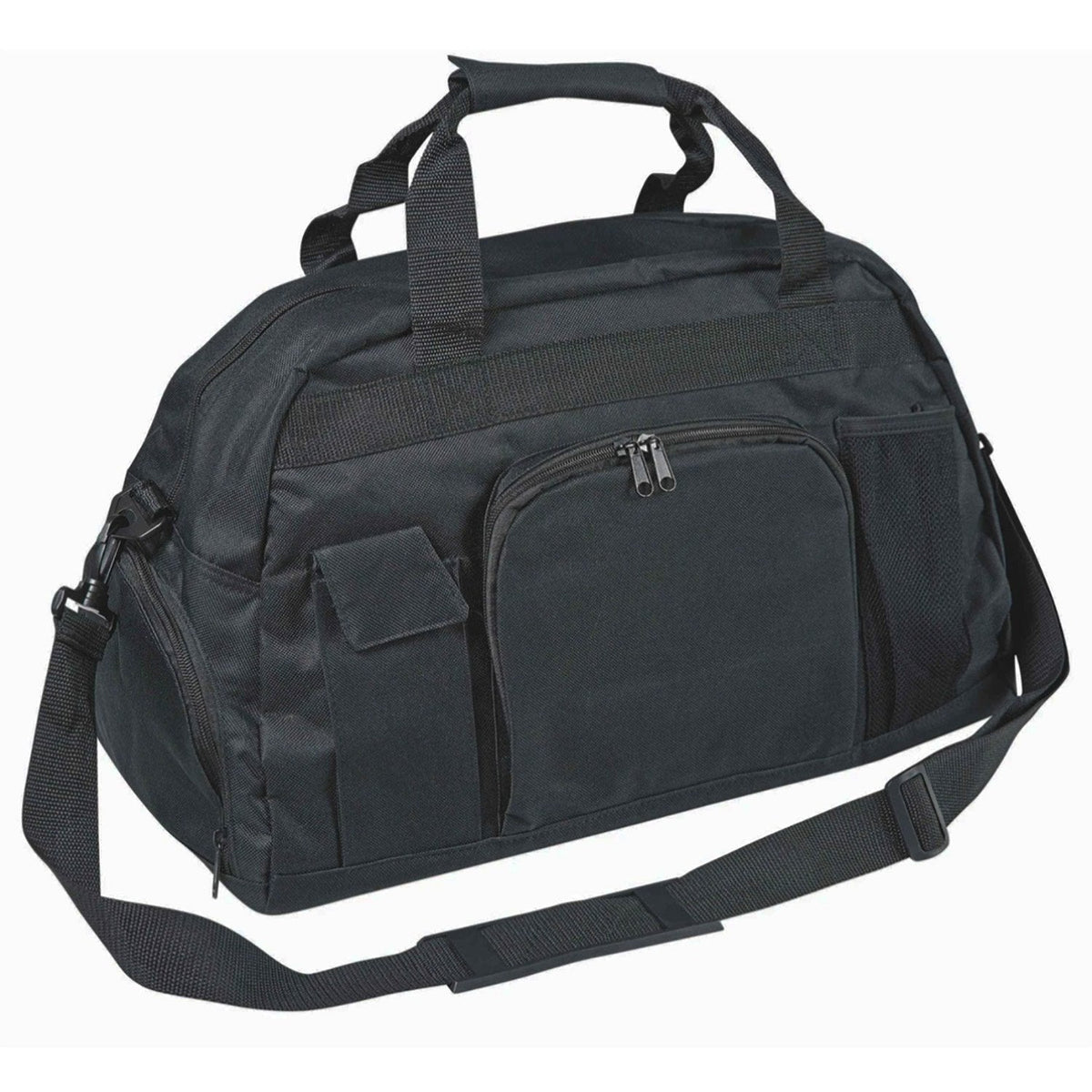 Black Super Day Pack made from 600‑denier nylon with PVC backing, featuring dual carry handles, adjustable shoulder strap, front mesh zip pocket, side pouches, and reinforced plastic bottom—ideal for storing shoes, outfit, makeup, and water bottle with compact 19″ × 11″ × 10.5″ size