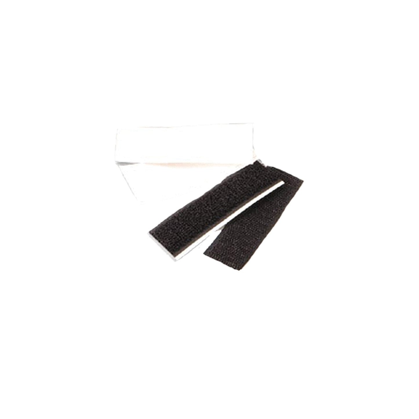 two black and white adhesive-backed Velcro hook strips, approximately 6″ long, showing tiny stiff hooks on one side and smooth backing—used to secure fabric, equipment, or banners on matching loop surfaces.