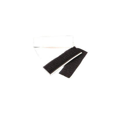 two black and white adhesive-backed Velcro hook strips, approximately 6″ long, showing tiny stiff hooks on one side and smooth backing—used to secure fabric, equipment, or banners on matching loop surfaces.