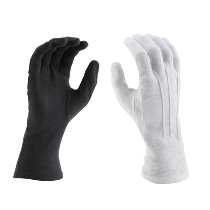 Pair of StylePlus long-wrist cotton gloves in white and black, featuring full-finger coverage, extended wrist length, and tightly knit cotton fabric for uniform use