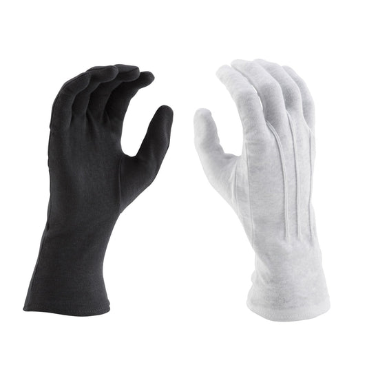 Pair of StylePlus long-wrist cotton gloves in white and black, featuring full-finger coverage, extended wrist length, and tightly knit cotton fabric for uniform use