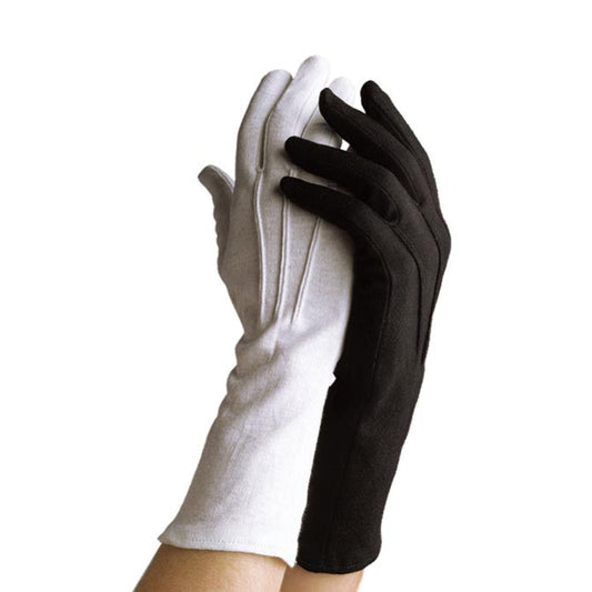 Close-up of back of Dinkles cotton glove highlighting smooth cotton knit across knuckles and long wrist coverage with elastic wrist seam in black or white