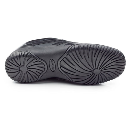 Sole view of Dinkles Spin showing smooth rubber split‑sole with pivot circle and segmented flex grooves for fluid spins and high-impact performance.