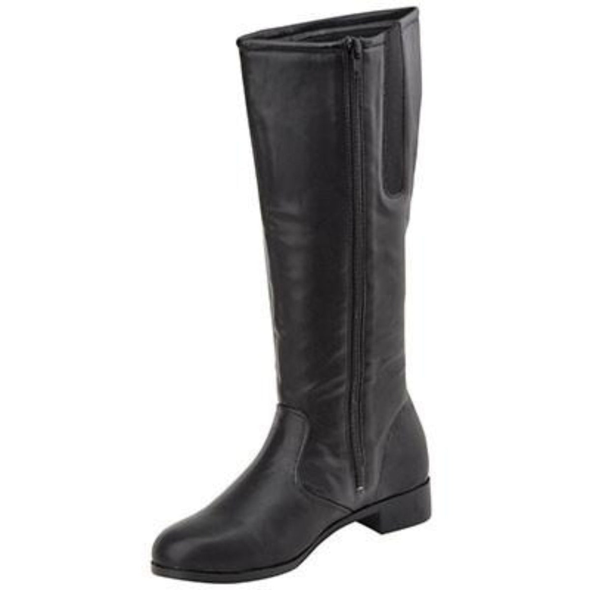 Side view of black Gotham Dallas Team Boot showing inside zipper, elastic stretch panel, and neat stitching along calf-high shaft.
