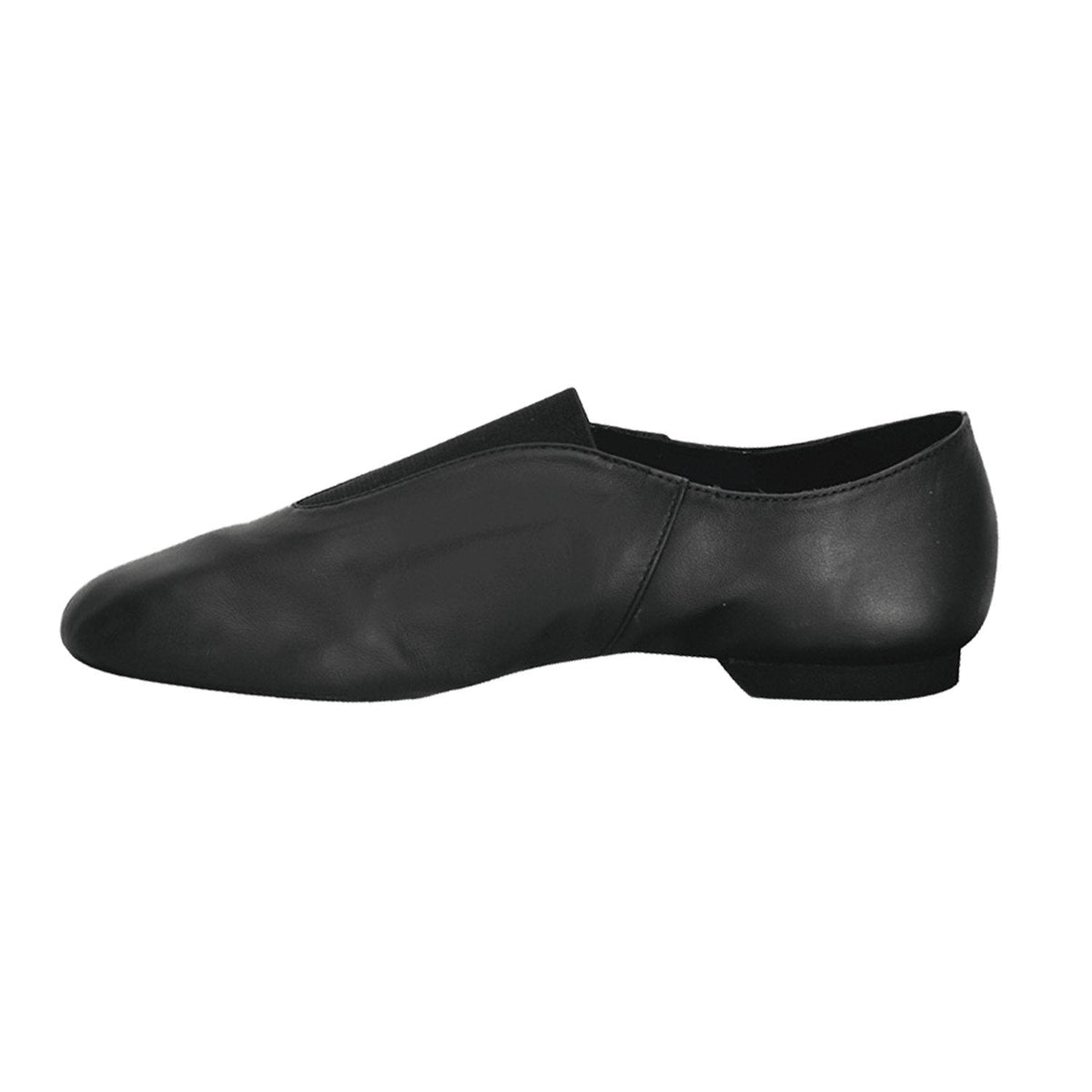 Value Jazz split-sole guard shoe in black full-grain leather, laceless elastic upper, sewn sole, rubber traction pad and EVA heel built for flexible turn support