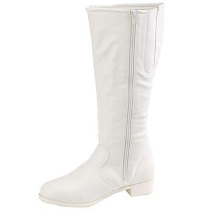 Side view of white Dallas Team Boot highlighting inside zipper, fully lined soft vinyl upper, and cushioned heel for performance comfort.