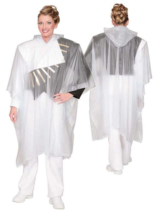 Front view of clear side-snap poncho wearing hood up with snap-closure visible along side seams—waterproof PVC design ideal for ensemble layering