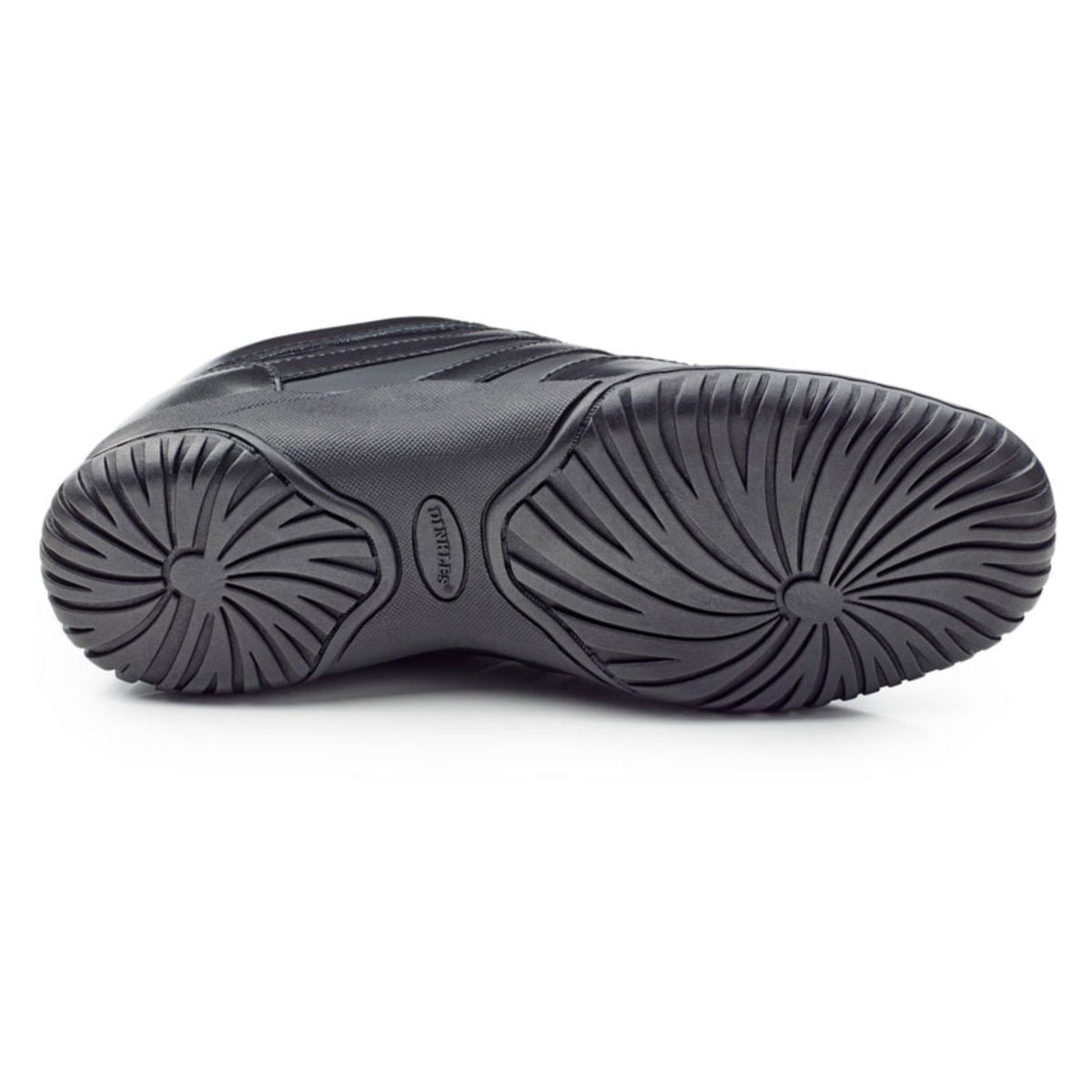 Sole view of Dinkles Spin showing smooth rubber split‑sole with pivot circle and segmented flex grooves for fluid spins and high-impact performance.
