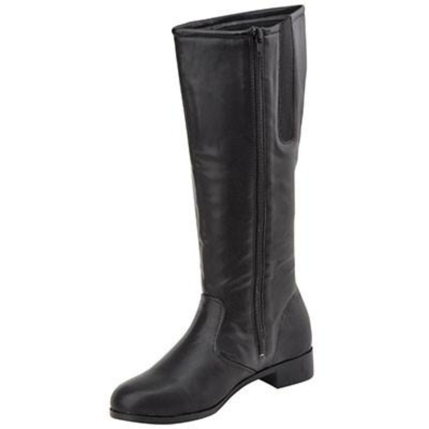 Side view of black Gotham Dallas Team Boot showing inside zipper, elastic stretch panel, and neat stitching along calf-high shaft.